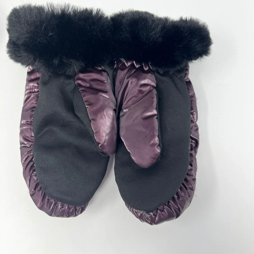 Justice Girls Metallic Purple Quilted Trapper Hat and‎ Mittens Set Faux Fur Trim